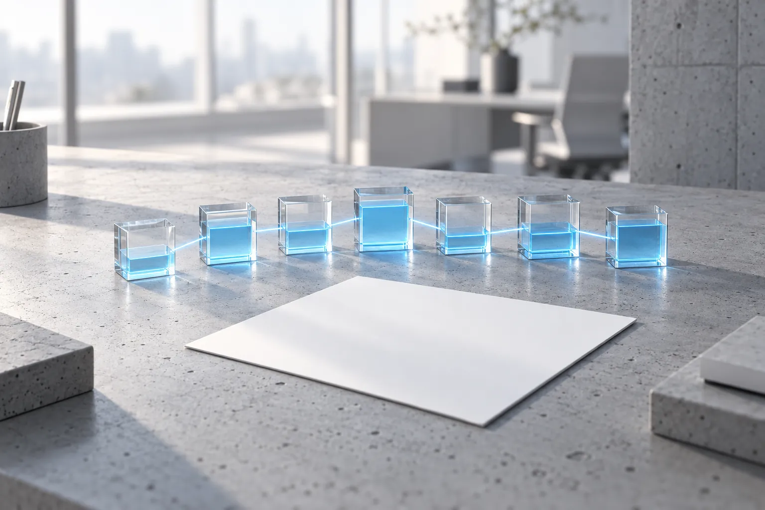 Prozessoptimierung nach PeP 7 (Sektionsbild) Prozessoptimierung nach PeP 7 mit visuplus: sieben Glaswürfel mit unterschiedlich hohen blauen Lichtpegeln, verbunden durch eine Lichtlinie, als Bild für die sieben Kennzahlen, die ein Planungsbüro vergleichbar machen, Querformat